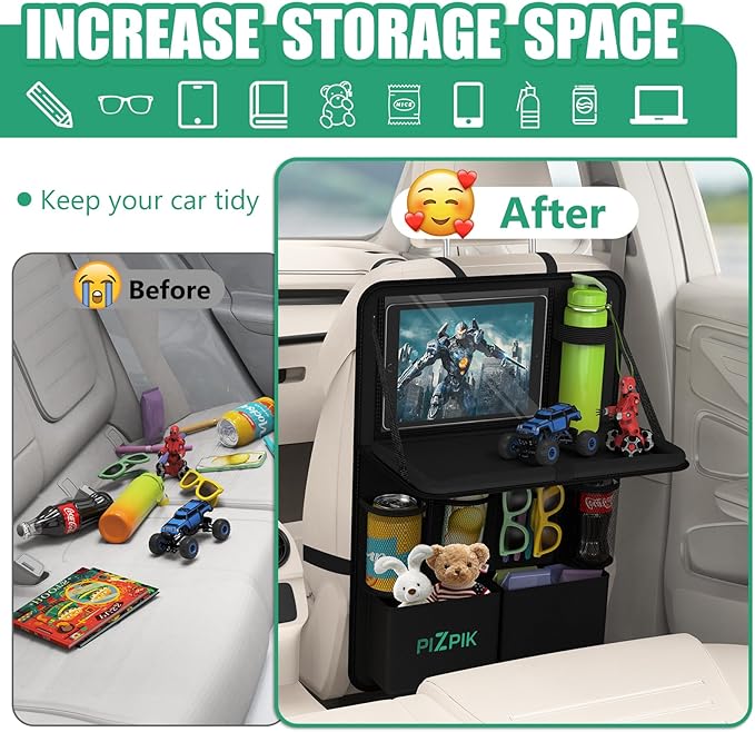 Car Backseat Organizer with Tablet Holder,11 Storage Pockets with Foldable Food Tray, Protector Kick Mats for Kids, Travel Accessories Organizer (Black, 2Pack)