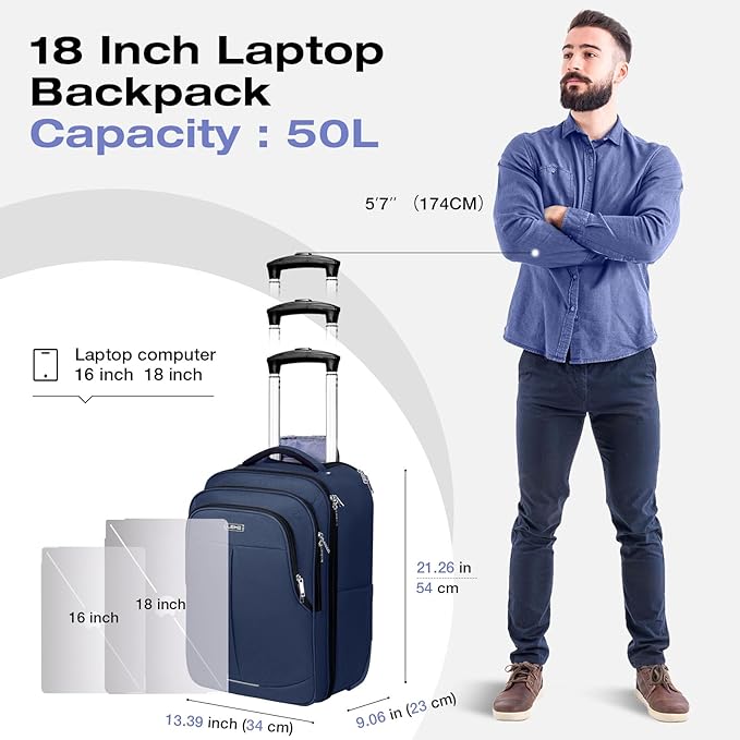 Rolling Backpack for Adults,18 Inch Waterproof Carry on Backpack with Wheels,Wheeled Backpack Carry on Luggage,Trolley Laptop Backpack with Wheels, Navy Blue Large