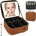 Travel Makeup Bag for Women and Makeup Artists Cosmetic Organizer Large Makeup Case,Travel Makeup Bag with Mirror 3 Color Setting,Portable Storage and Adjustable Dividers(CARAMEL COLOR)