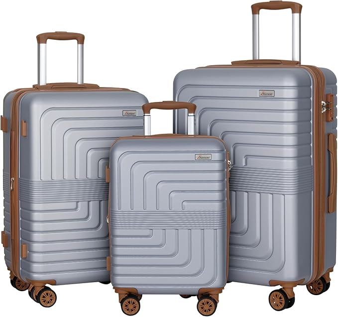 Romswi Luggage Sets 3 Piece Expandable PC+ABS Suitcases, Durable Hardshell Lightweight Suitcase Set with TSA Lock Dual Spinner Wheels, 21/24/28 Inch, Silver