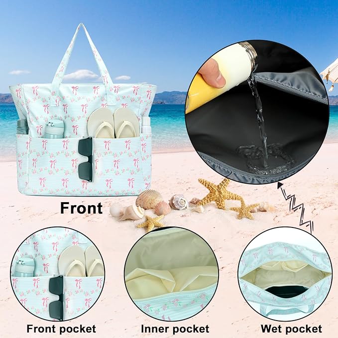 Waterproof Beach Tote Pool Bags for Women Ladies Extra Large Gym Tote Carry On Bag With Wet Compartment for Weekender Travel