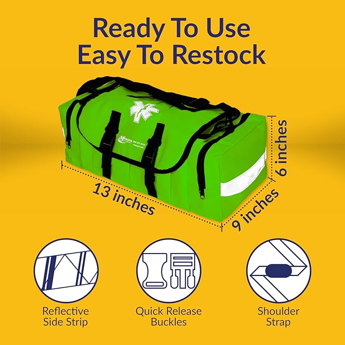 First Aid Kit - Fully Stocked Portable Reflective Bag -First Responder Emergency Response Kit-for Natural Disaster Preparedness-Customizable Storage-Includes 415 Pcs First Aid Supplies - Lime Green