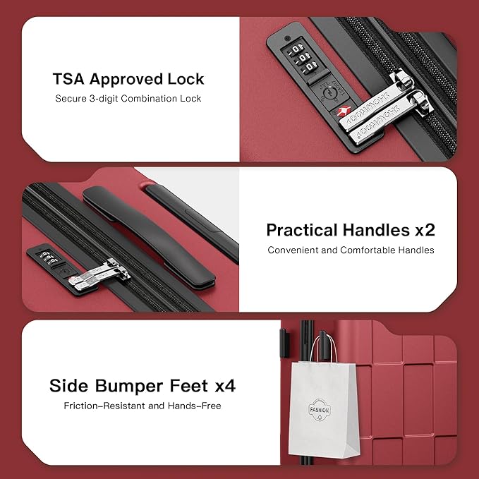 SHOWKOO Luggage Sets 3 Piece Hardside Expandable Lightweight PC Suitcase Sets with Double Spinner Wheels TSA Lock, Wine Red