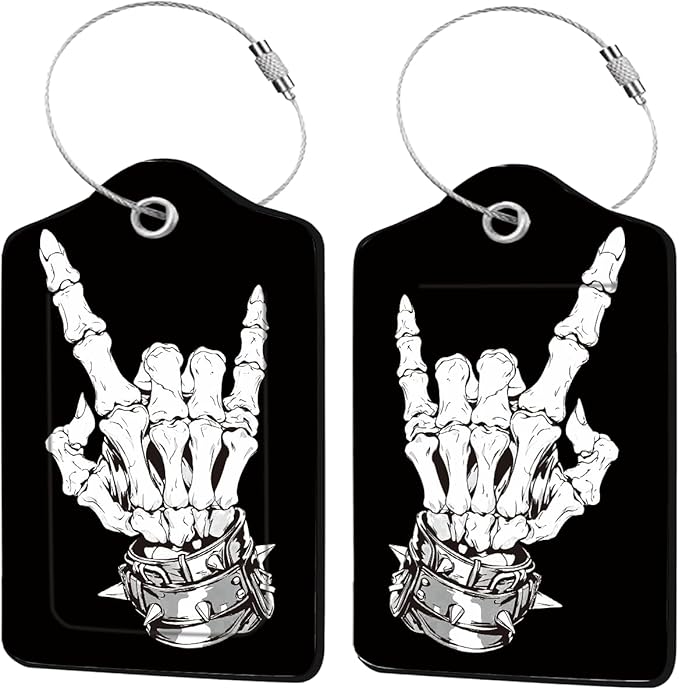 2 Pcs Skull Luggage Tags for Suitcases, Black Leather Luggage Tags, Privacy Cover ID Label with Stainless Steel Loop & Address Card, Funny Skull Travel Bag Tag Luggages Accessories for Suitcases