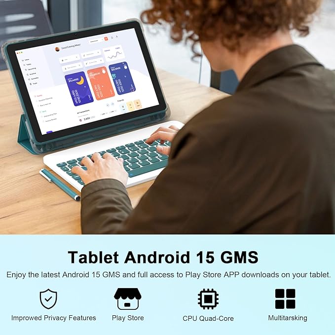 Android 15 Tablet 10 Inch, 20GB RAM+128GB ROM/ 2TB Expandable, 2.0GHz Quad-core Processor, 1280*800 IPS HD Screen, 5G WiFi 6 BT 5.0, 2 in 1 Tablets with Keyboard Case Mouse Stylus, Widevine L1