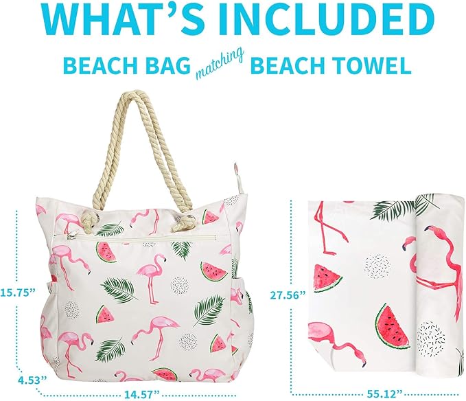 Beach Bag Spacious Shoulder Tote Travel & Gym Bag w/Multiple Pockets & Strong Zipper