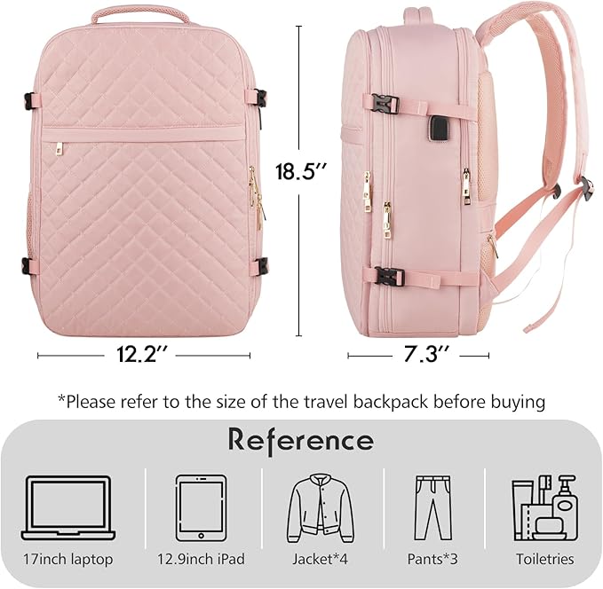 MOMUVO Large Travel Backpack Women, Flight Approved Carry On Backpack, Water Resistant Anti-Theft Large Casual Daypack Fit 17 Inch Laptop with USB Charging Port, Pink