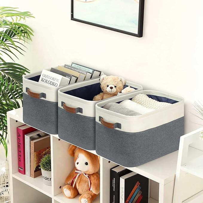 GhvyenntteS Large Fabric Storage Baskets for Shelves with Metal Frame Opening & Hard Bottom Board, Collapsible Fabric Storage Bins for Shelves with Handles (15x11x9.6 Inch, 3 Pack, Grey)