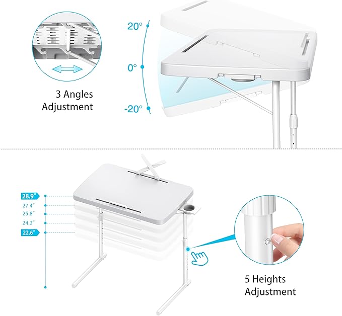 Allpop Ultra TV Tray Table, TV Dinner Tray for Eating, Adjustable Folding Tray Table with Book Stand, Cup Holder, Laptop Stopper & Tablet Slot on Coach & Bed, White