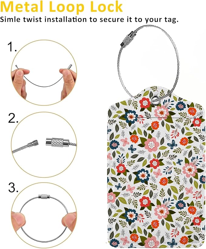 Blooming Flower Luggage Tags for Suitcases,2 Pack Luggage Tag, Leather Stainless Steel Loop Label Tag for Women Girl Travel Bag Suitcase