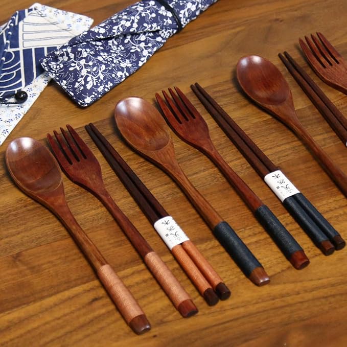 Wooden Chopsticks Spoon Fork Set Japanese Style Tableware Travel Utensils with Pouch for Camping,Picnic,Office or Home (Style A)