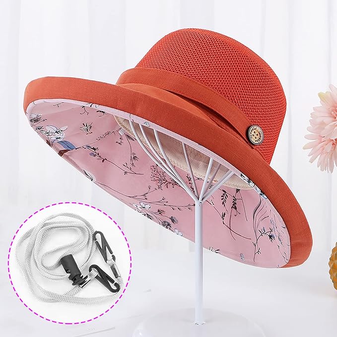 Women Wide Brim Sun Hats Metal Wired Edge Summer UV Protection Beach Fishing Hat for Hiking Garden Travel Chin Strap