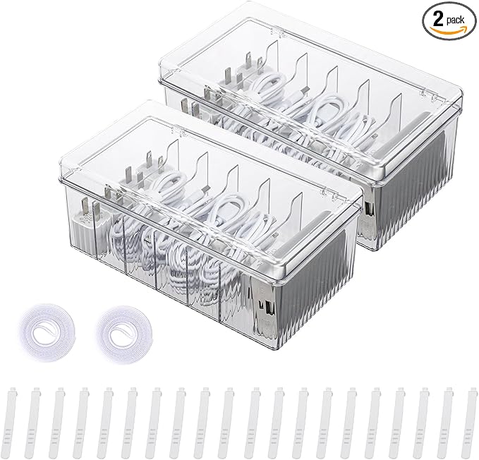 Yesesion Large Cord Organizer Box with Lid and 6 Compartments, 2 Pack Plastic Cable Storage Boxes with Wire Ties, Clear Desk Drawer Organizer for Phone Charger, Battery, Home Office Supplies