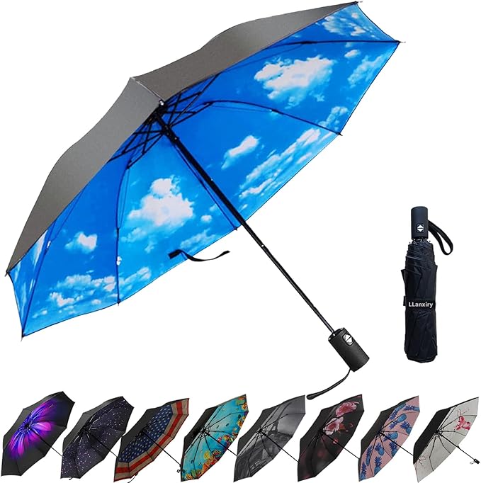 LLanxiry Compact Travel Umbrella, Mini Windproof Umbrellas for Rain & Sun, Small Lightweight Outdoor UV Umbrella, Portable Folding Umbrellas for Travel
