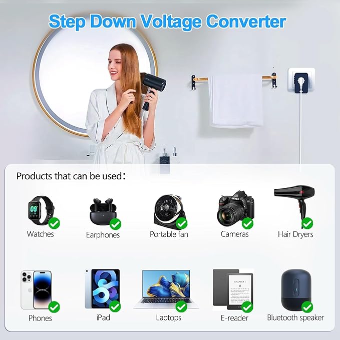 220V to 110V Voltage Converter US to Europe for Hair Dryer with Fast Charging 2 USB A 2 USB C, Power Converter Adapter Combo International Travel Adapter C A G I (Black)