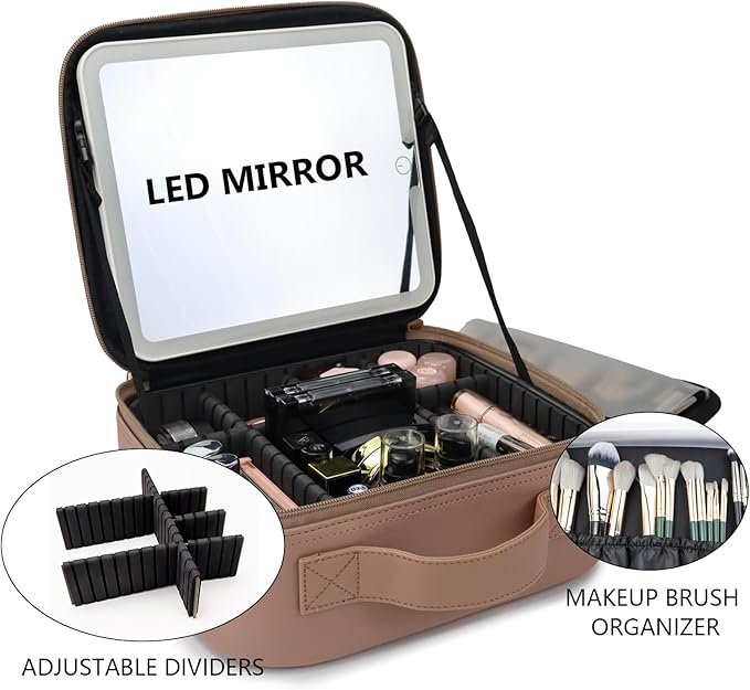 Travel Makeup Bag with LED Mirror Travel Makeup Organizer with 3 Lighted Settings, Adjustable Dividers and Makeup Brush Storage Bag Mocha