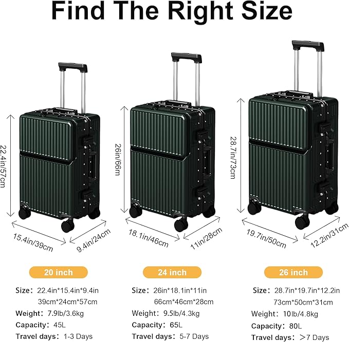 2-Piece Hardshell Zipperless Luggage Set, 20/26" Aluminum Frame Hardshell Spinner Luggage, Airline Approved Carry-On Luggage, TSA Lock, 360° Quiet Wheels With Cup Holder (green)