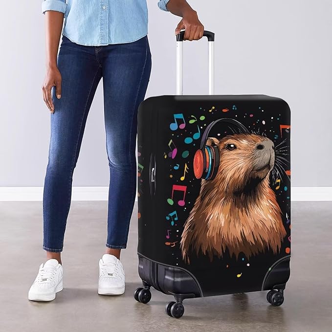 Capybara Luggage Cover Fits 18-21 Inch Luggage Anti-Scratch Spandex Zipper Suitcase Cover Protector Washable Stretchable Travel Baggage Case Cute Travel Essential, Music Note, Size S