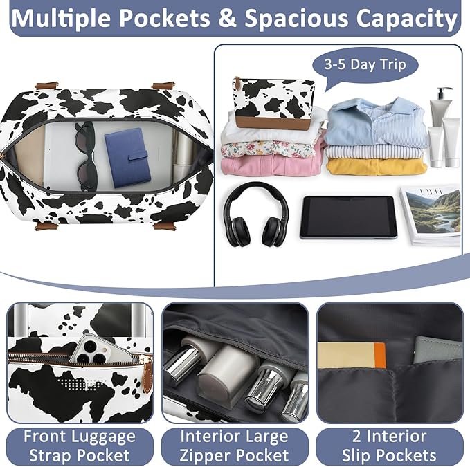 Travel Duffle Bag for Women, Weekender Bags, Hospital Bag for Labor Delivery, Lightweight Tote Duffel Overnight Bag with Luggage Sleeve, Airplane Travel Bags with Toiletry Bag, Large, Cow