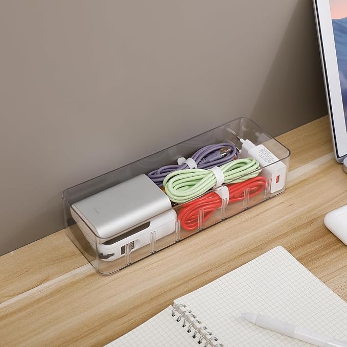 Yesesion Clear Plastic Cable Organizer Box with Adjustment Compartments, Desk Accessories Storage Case with 10 Wire Ties for Drawer, Office Supplies, Electronic Management, Battery and Charger