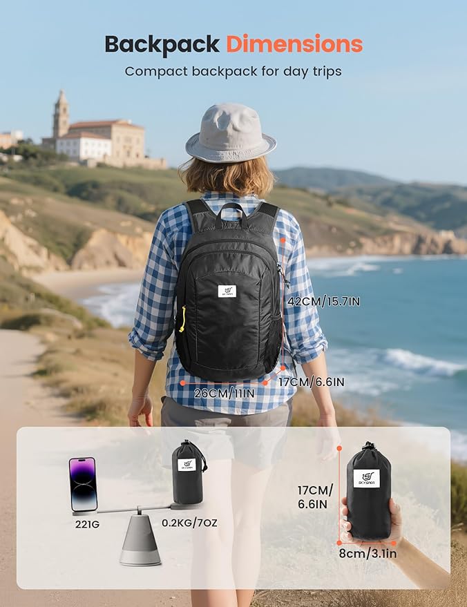 SKYSPER 16L Hiking Backpack Lightweight Small for Women Men, Foldable Packable Daypack - Travel Camping Backpack, Outdoor Hiking Bag （Black）