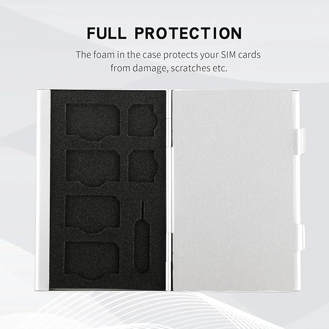 Aluminum SIM Card Case, 15Slots Ultrathin SIM Card Holder, Fit for 8 SIM Card, 6 Micro sim Card, and 1 Cell Phone Eject Pin Slots, Silver