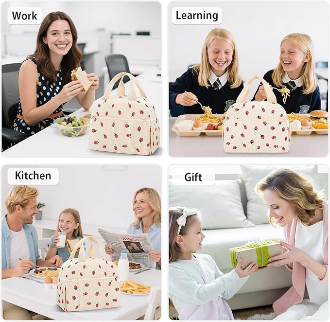 Lunch Bag Lunch Box for Women Adults Men, Cute Strawberry Corduroy Insulated Reusable Work Leakproof Simple Large Lunch Boxes Tote Bag Cooler Bag