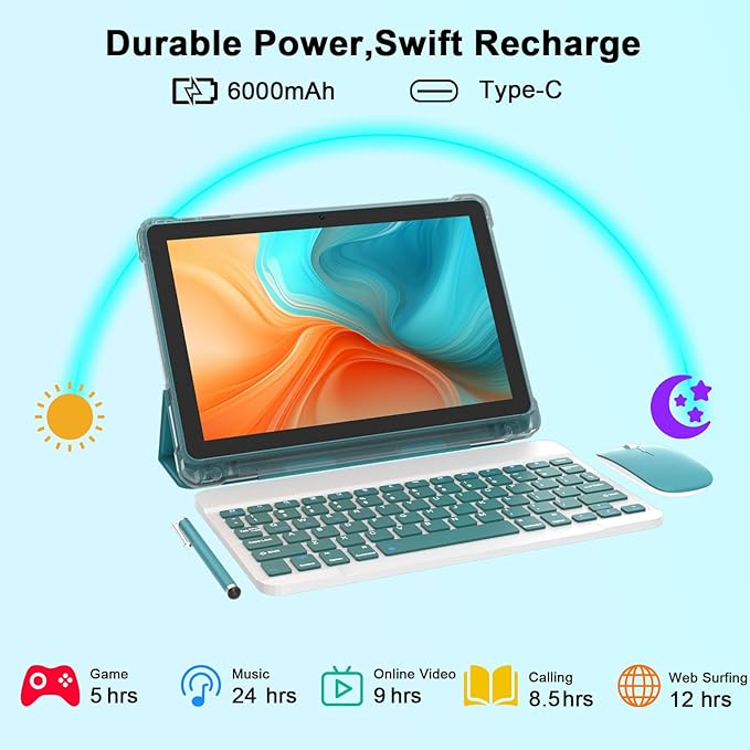 Android 15 Tablet 10 Inch, 20GB RAM+128GB ROM/ 2TB Expandable, 2.0GHz Quad-core Processor, 1280*800 IPS HD Screen, 5G WiFi 6 BT 5.0, 2 in 1 Tablets with Keyboard Case Mouse Stylus, Widevine L1