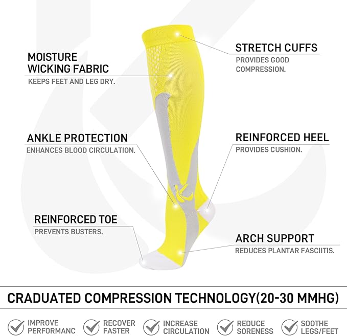 Kickticks 4 Pairs Compression Socks for Woman & Man Unisex 20-30mmHg Knee high Plus Size Wide Calves for Flying Running…