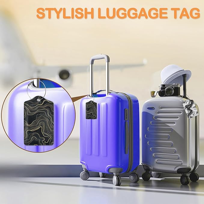 Abstract Line Art 3 Pack PU Leahter Luggage Tag with Stainless Steel Loop, Monochrome Marble Travel Suitcase Labels with Privacy Cover ID Label Quickly Spot for Bags