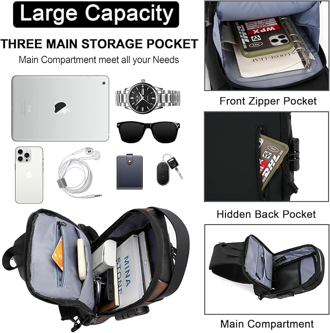 Sling Bag for Men Anti-theft USB Crossbody Shoulder Backpack Purse Waterproof PU Leather Chest Bag Travel Daily Use