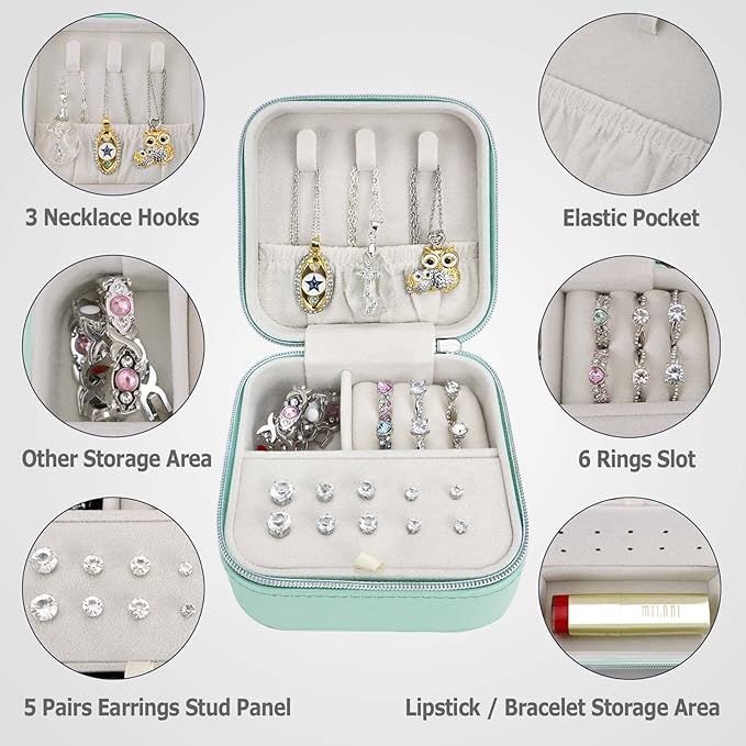 PU Leather Travel Small Portable Mini Travel Jewelry Organizer for Rings Necklaces Earrings and Lipstick Green