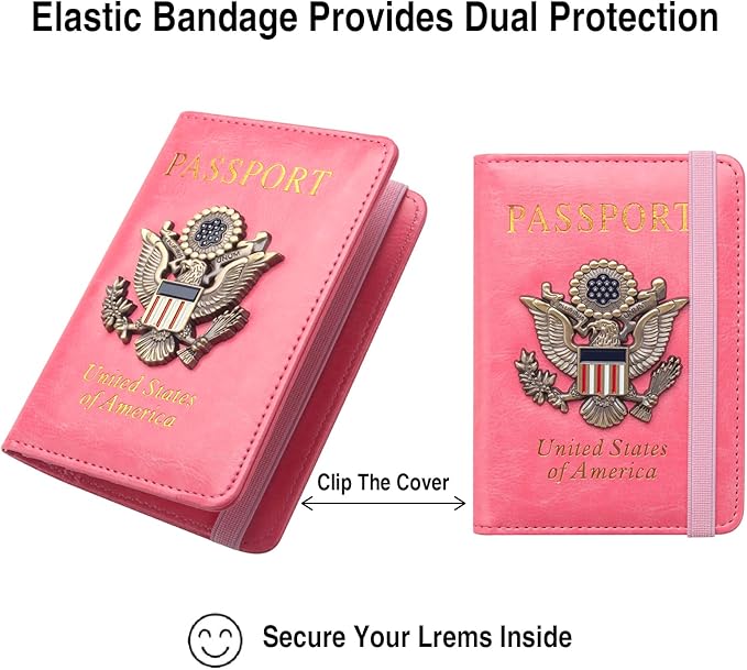 Passport Holder for Travel Passport Cover for Men Passport Wallet Case with Metal 3D Metal Badge Protector Leather Card Case RFID Blocking Women Travel Accessories Document Organizer (Pink)