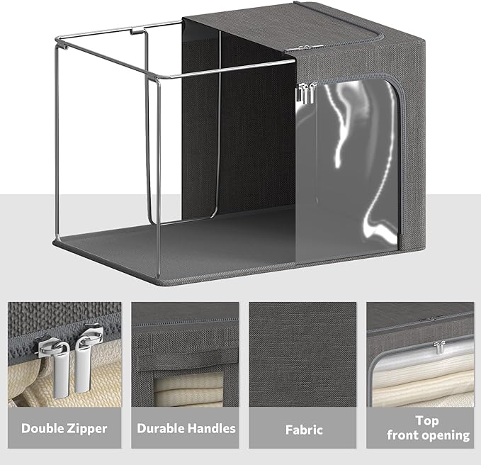 CYhom 4 Pack Clothes Storage Bins with Metal Frame - Linen Fabric Foldable Stackable Container Organizer Set with Clear Window & Carry Handles & Zippers (Dark Gray, 19.7"x15.7"x13")