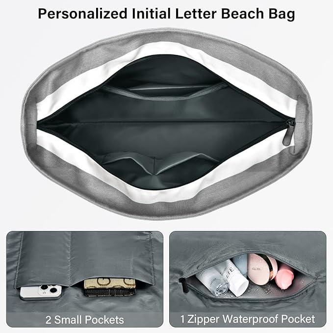 Becokan Beach Bag Initial Beach Tote with Makeup Bag for Travel Work Storage Personalized Birthday Gifts for Women Her