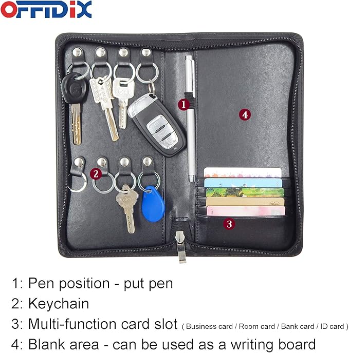 OFFIDIX PU Leather Portable Key Cabinet,8-Key Hooks Portable Zippered Key Case Menus Card Organizer Holder Business Padfolio for Real Estate Sales,Hotel Executives, Car Service