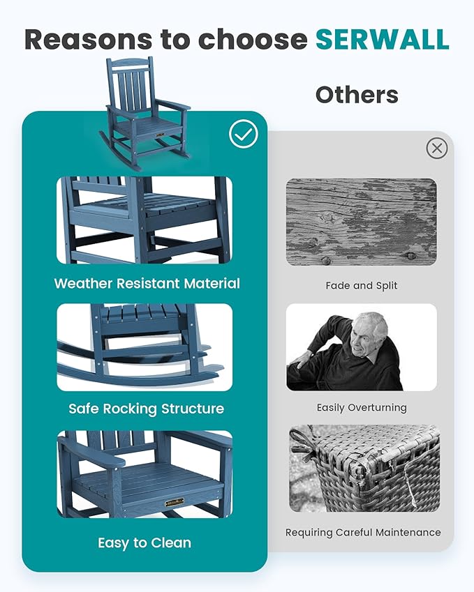 SERWALL Outdoor Rocking Chair, HDPE Patio Rocking Chair All-Weather Porch Rocker for Balcony, Yard, Blue