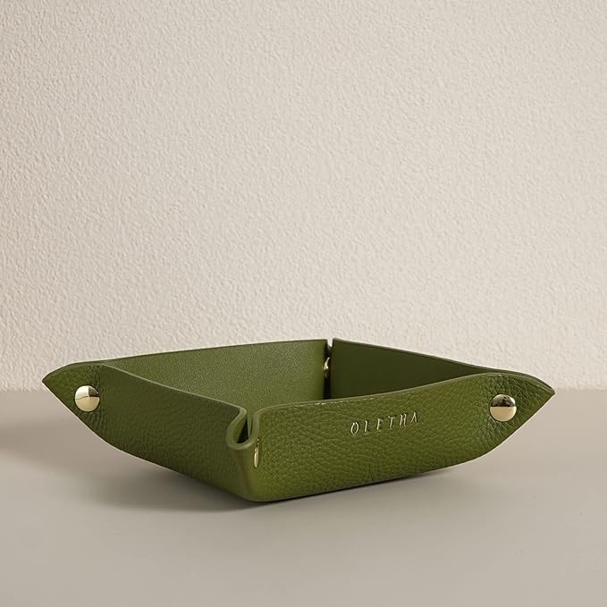 OLETHA Small Foldable Valet Tray - Aesthetic Desk Organizer for Home, Office & Travel - Portable Catch All Bowl for Keys, Jewelry & Essentials - Green