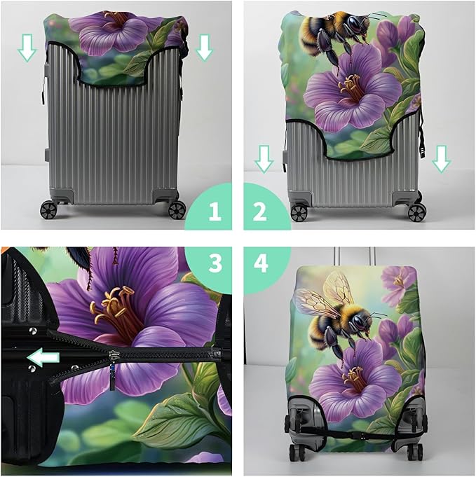 Luggage Cover + Tag, Bee Purple Flowers Travel Suitcase Cover for 29-30 inch Luggage (XL) with Concealed Zipper, Washable Elastic Cloth, Dustproof, Anti-Scratch