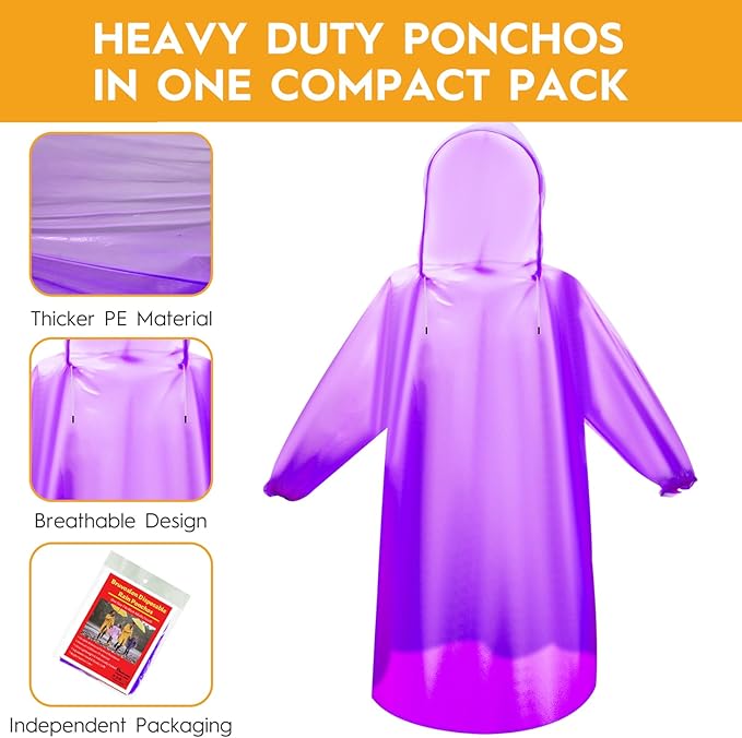 Bruvoalon 6 & 20 Pack Disposable Rain Ponchos for Adults/Youth, Waterproof PE Raincoats with Drawstring, Camping/Emergency