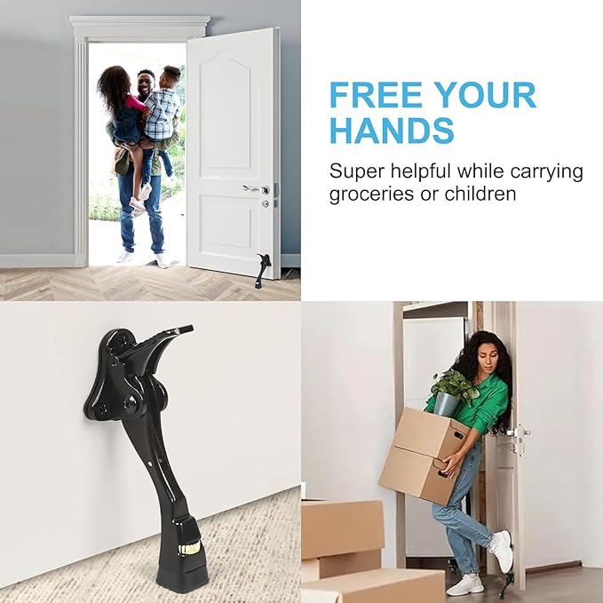 3 Packs Heavy Duty Kickdown Door Stopper, One Touch Adjustable Kickdown Door Stop for Heavy Doors, 4 in Metal Door Kickstand with Rubber Tip & Wall Protectors for Wide Doors- Black