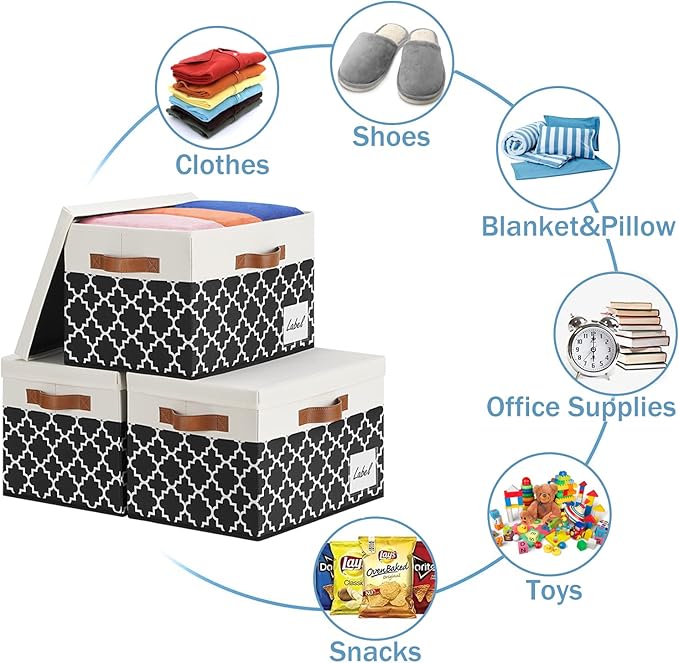 GhvyenntteS Extra Large Storage Bins with Lids, Foldable Fabric Storage Boxes with Lids and 3 Leather Handles, Sturdy Storage Baskets with Label Window (6 Pack, White&Lattice Black)