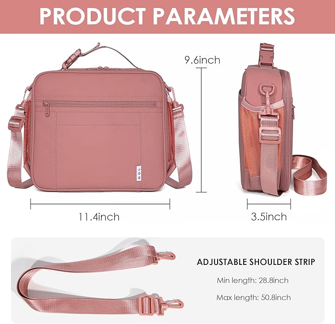 NOL Kids Lunch Bag for School, Reusable Insulated Lunch Box & Children's Tote Bag with Zipper Closure, Buckle Handle, Adjustable Long Shoulder Strap, Easy-Clean Waterproof Fabric Lunchbox - Dark Pink