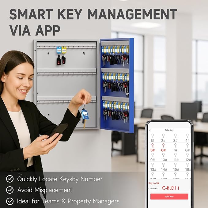 WeHere 72 Key Lock Box Wall Mount, Smart Key Cabinet with Key Tags, use OTP Share/APP Blutooth/Fixed Code Unlock,Large Key Safe Security Storage for School/Realtors/Office Key Management