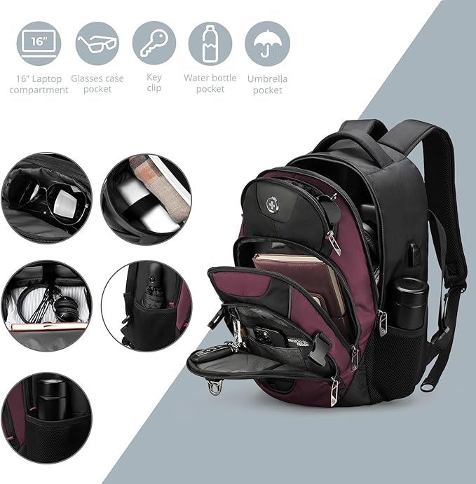 Swissdigital Design Laptop Backpack with USB Charging Port, TSA Travel Backpack Fits 15.6 inches Computer, 31L College School Backpack for Women, Burgundy/Black | SD803