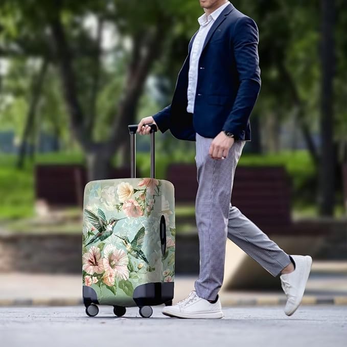 Hummingbird Luggage Cover for Women Travel Luggage Covers for Suitcase Elastic Spandex Suitcase Covers Protector with Zipper Flower Suitcase Covers for Luggage Fit 22-25 Inch