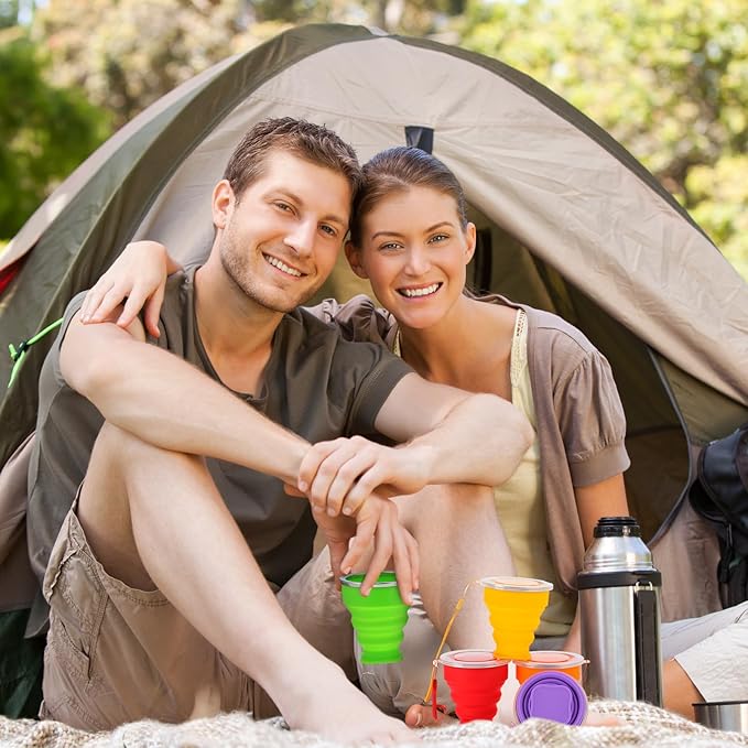 12 Pcs Silicone Collapsible Cup 7.04 oz Folding Camping Travel Collapsible Coffee Cup Portable Reusable Expandable Drinking with Lids for Outdoor Hiking