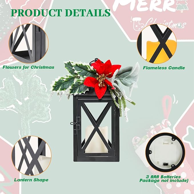 Christmas Lantern Outdoor Deror 13", 2 Pack Waterproof LED Hanging Decorative Candle Lantern with Berries Decor for Garden, Porch, Gift for Family, Friends, Women