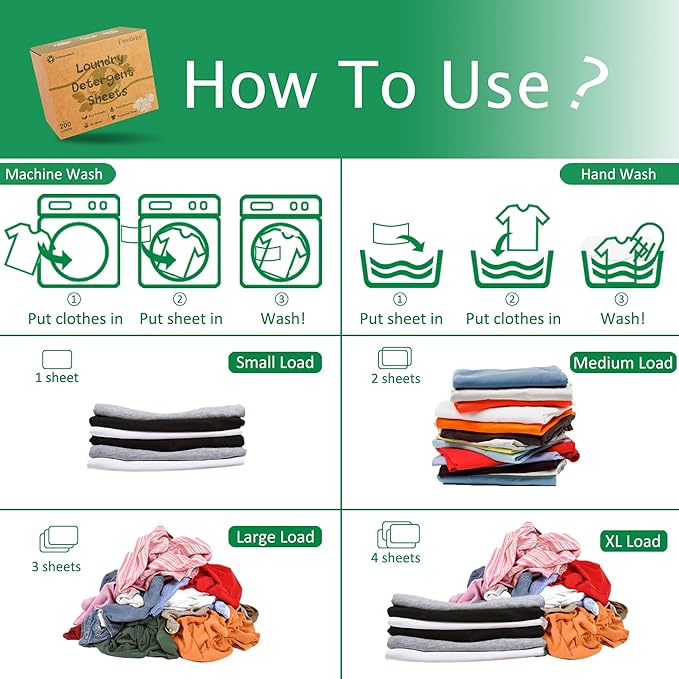 Freelivity Laundry Detergent Sheets, 200 Sheets Fresh Linen Scent - Eco-Friendly Hypoallergenic Plastic-Free LiquidLess Clothes Washing Detergent Supplies for Save Space Travel Camping