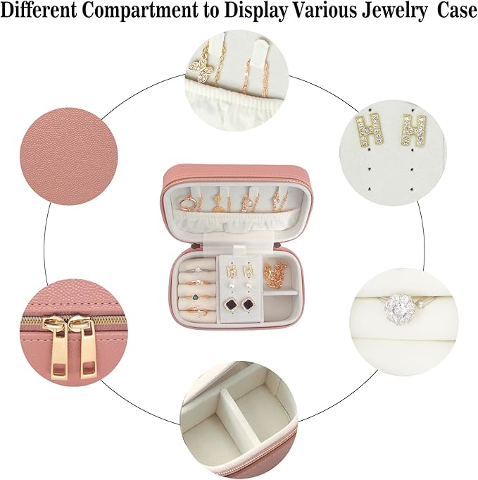 Small Jewelry Travel Case For Womens Small Rectangle PU Leather Jewelry Box With Zipper 2.56" H Portable Travel Jewelry Case For Earring Rings Necklaces Bracelets Pink Jewelry Gifts Box